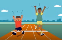 Ein Sportler mit Behinderung und ein Sportler ohne Behinderung machen gemeinsam das Deutsche Sportabzeichen.